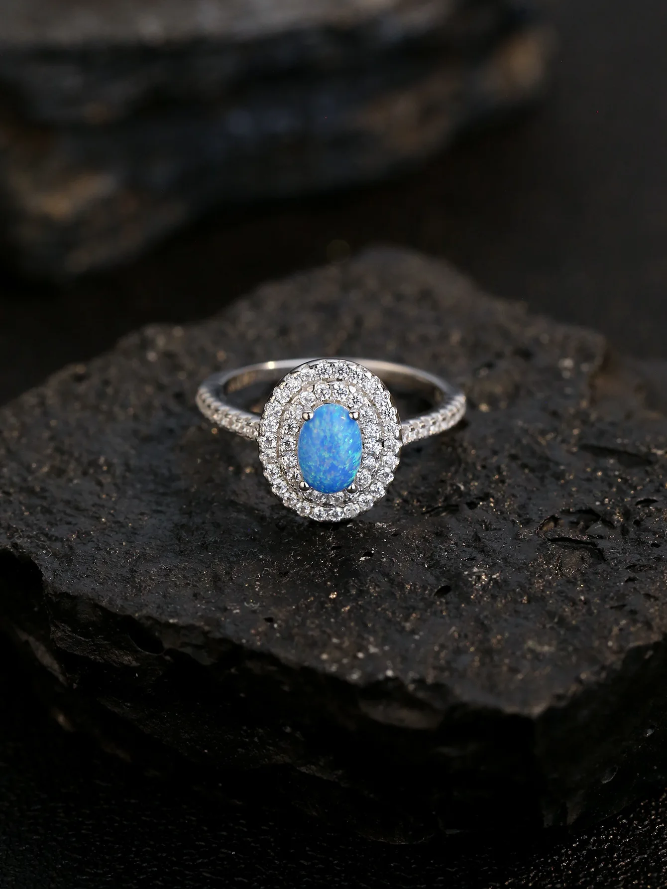 

Simple Pure 925 Silver Women's Ring Decorated with Exaggerate Oval Shape Blue Opal and Shining Small Zircon with Delicate Style