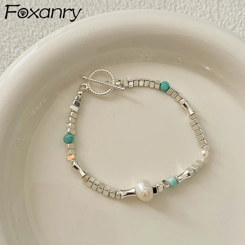 Foxanry 여성용 기하학적 구슬 진주 팔찌, 여아용 실버 색상, 심플하고 우아함, 달콤한 여름 파티 쥬얼리 선물, 새로운 패션  Best5