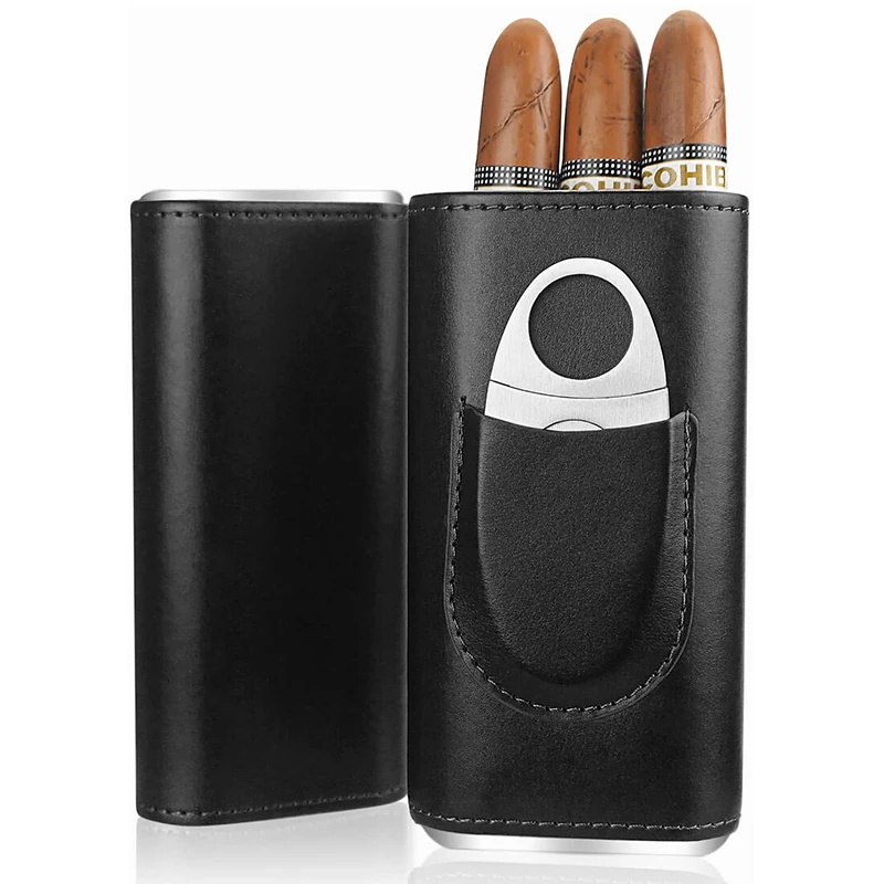 Leather Cigar Case-Three-Finger-Cedar Wood Lining Travel Humidors for Cigars-Cigar Accessories cigar case