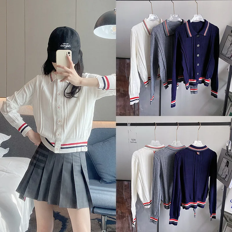 

TB Polo Knit Cardigan Women's Academy Style Wool Knitted Jacket Autumn Winter Long Sleeve Versatile British Style Top