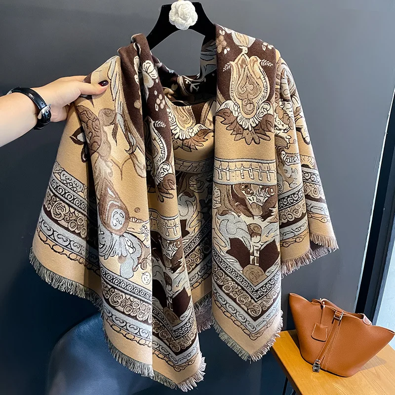 thumbnail image 1 of Nueva capa con estampado de temperamento de Europa unida para otoño e invierno, regalo cálido, bufandas con borlas de imitación de cachemira de doble cara para mujer, 1 of 5