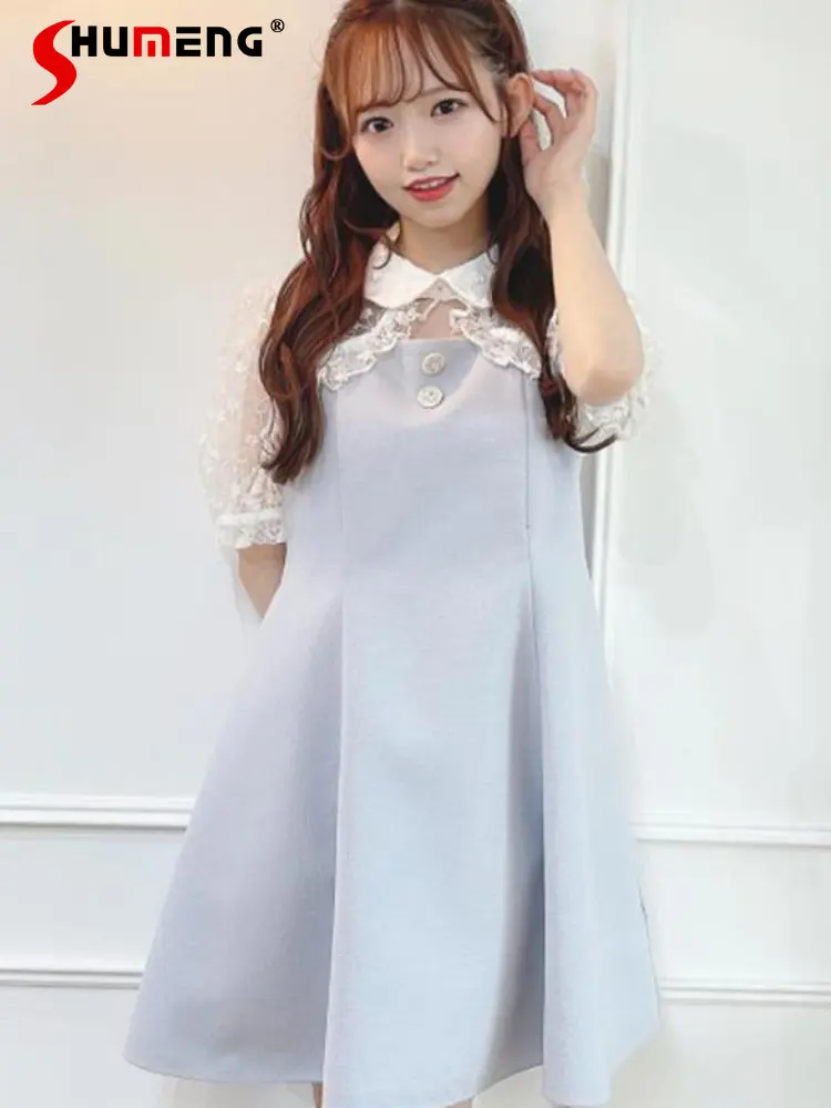 japan-style-sweet-fake-two-piece-lace-stitching-short-sleeve-mid-length-dress-japanese-high-waist-doll-collar-dresses-for-women