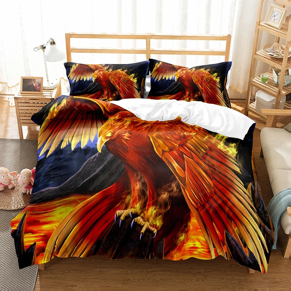 Phoenix Duvet Cover Set King Queen Size for Kids Boy Girls Bedding Set Yellow Animals Pattern Polyester Quilt Cover with Zipper