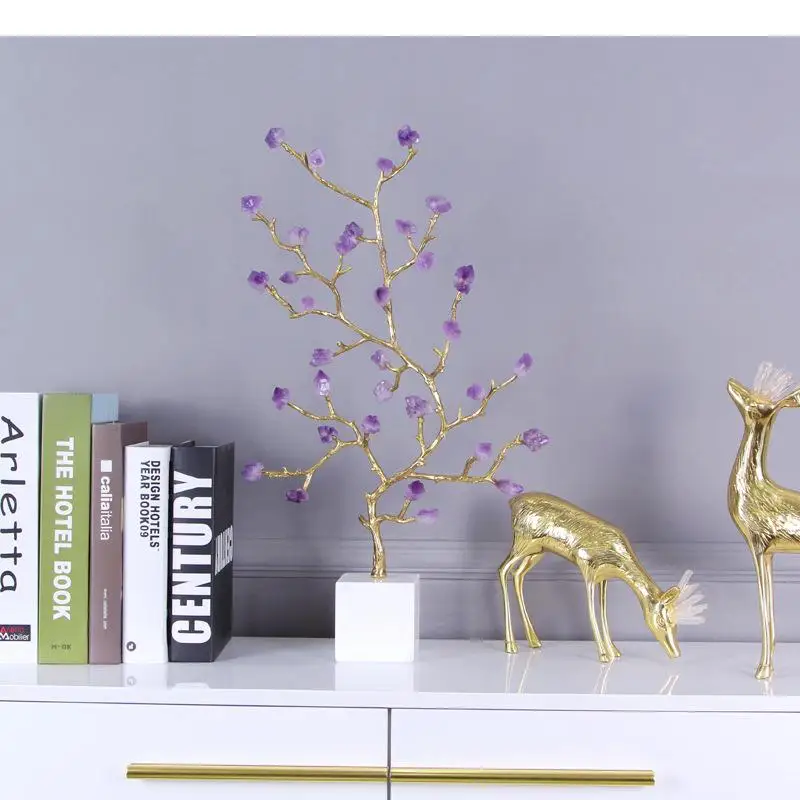 

Brass Twig Amethyst Crafts Sculpture Modern Design Ornaments Living Room Furnishings Desk Decoration Creative Crystal Artwork