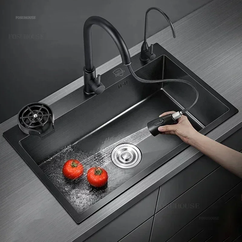 German Nano Sinks for Apartments Household Kitchen Sink for Rental Houses Black Metal Three-hole Drain Kitchen Sink Light Luxury