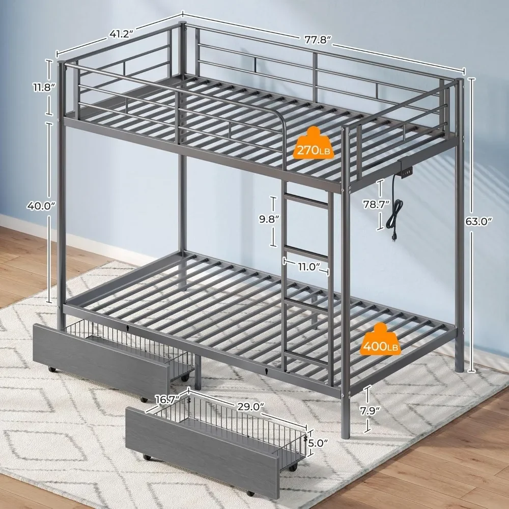 Metal Bunk Bed Twin Over Twin with USB Charging Station LED Bunk Bed with 2 Storage Drawers, Bed with Safety Guardrail & Ladders 3