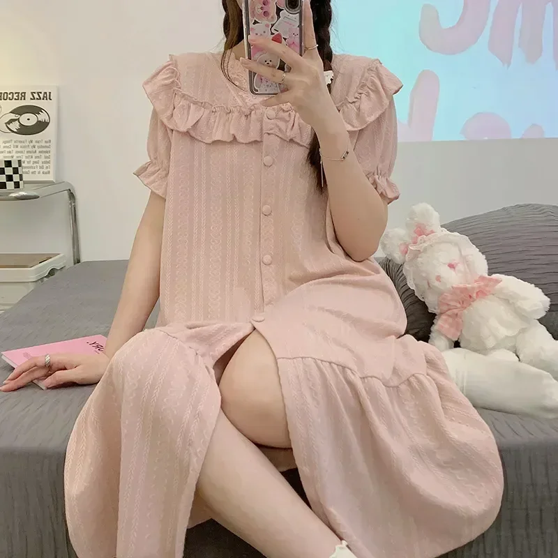 

Women Color Lace Fairy Nightdress Sleepshirts Neck Cute Sweet Summer Nightgown Night Solid Long Robe Sexy Sleeve Short Dress