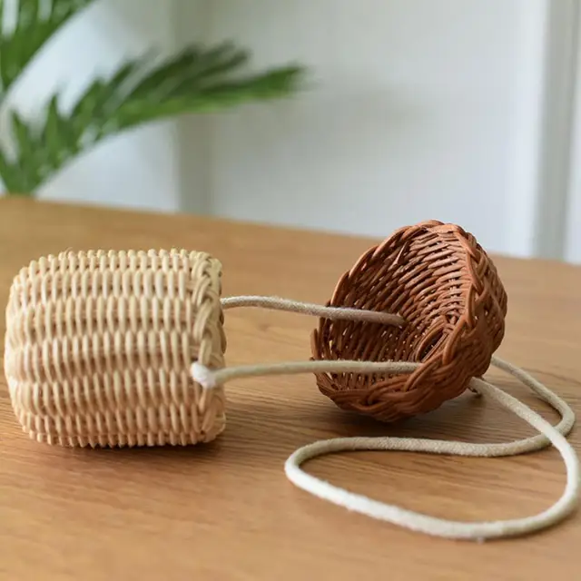 Mogyoró Alakú Mini Táska Tároló Szőtt Kézitáska Válltáska Makk Rattan Vintage Kézzel Készített Gyerekek Kosarak - Image 3