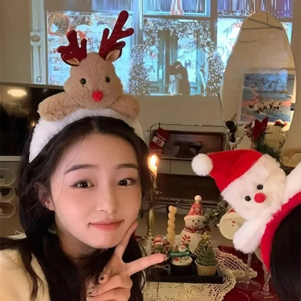 Cute Cartoon Red Christmas Headband Antler Fluffy Plush Children Headwear Snowman Hair Clip Xmas Hair Accessories