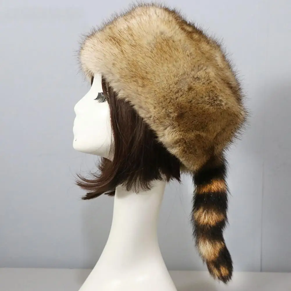 Winter Hat Faux Fur Raccoon Tail Russian Round Flat Top Ear Protection Thickened Autumn Winter Thermal Women Cap for Camping windproof winter hat
