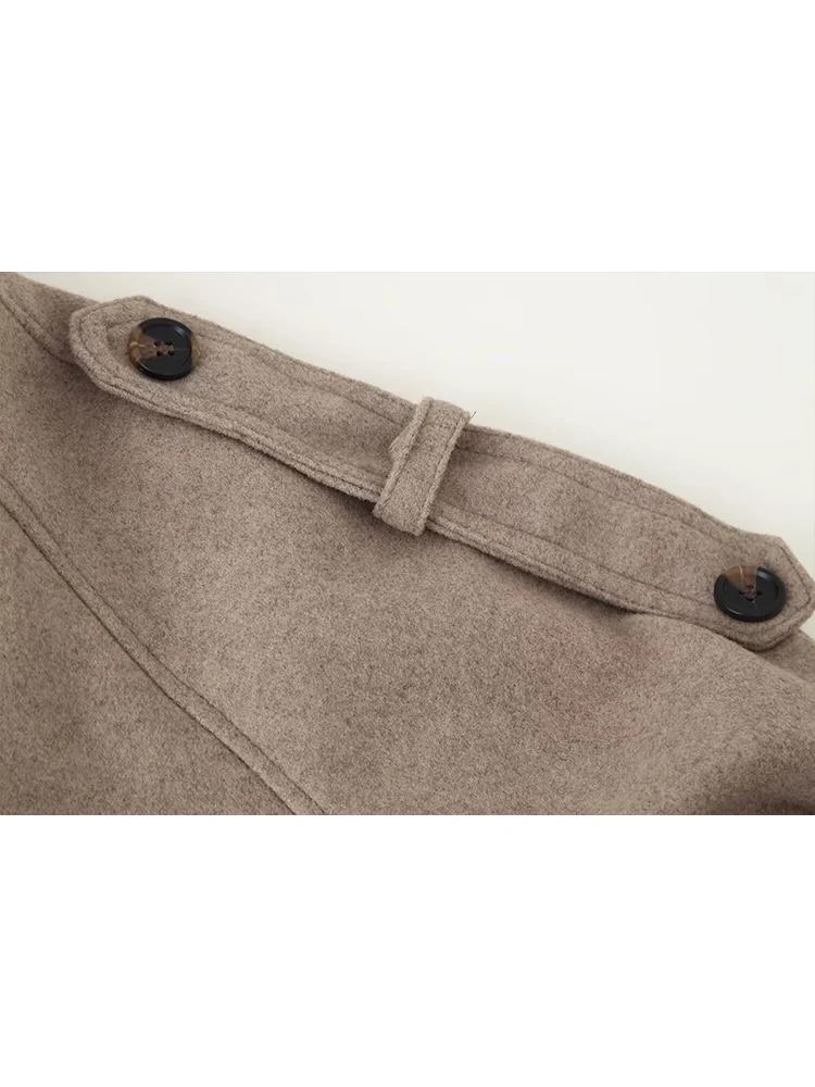 New Women High Neck Woolen Coat Double Breasted Loose 2025 Autumn Short Elegant Fashion Jacket Casual Lady Street Outerwear