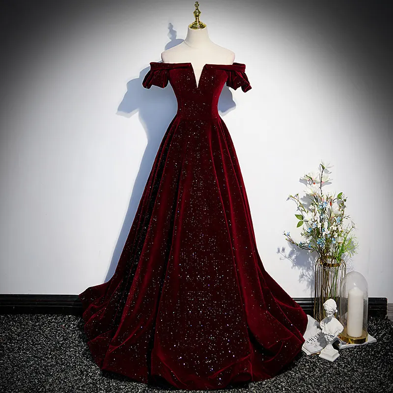 Evening Dress Short Sleeves Sequins Floor-Length Boat Neck Simple Burgundy Lace Up A-Line Velour Party Formal Gown Woman B1903