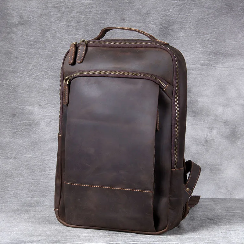 

Vintage simple crazy horse cowhide genuine leather men's women's backpack large capacity laptop bagpack outdoor travel bookbags