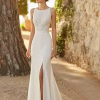 Lace Mermaid Sleeveless Wedding Dresses for Women Sexy Side Slit Round Button Bridal Gowns Vestidos Elegance Robe De Customized 1