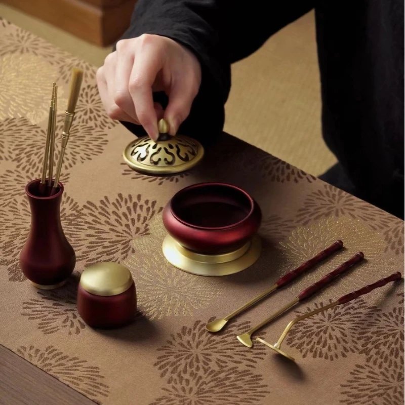 IncenseBurnerSetRedLotusFragrantSealBaseIntegratedFurnace