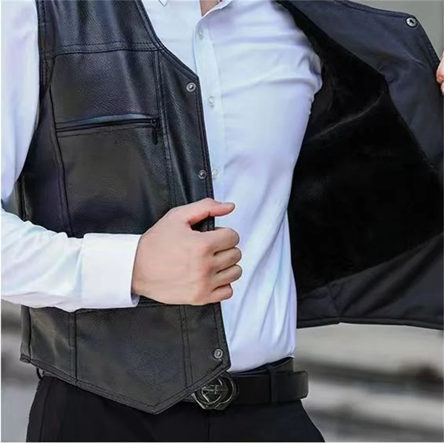 2025 New Men's Motorcycle Vest PU Leather Waistcoat Winter