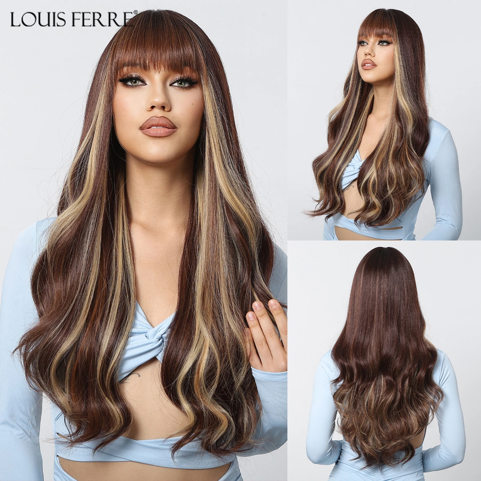 Louis Ferre Brown Blonde Highlights Parrucche Con Frangia Parrucche Sintetiche Ondulate Lunghe Per Le Donne Capelli Naturali Resistenti Al Calore Cosp