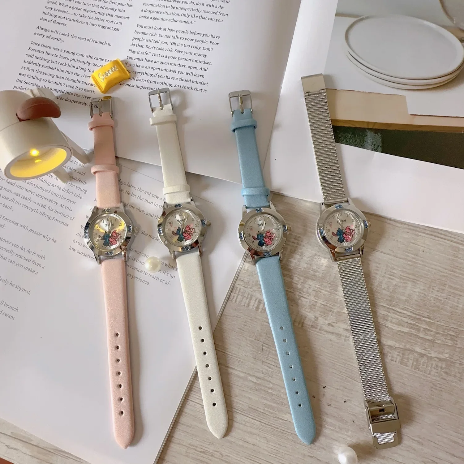 Disney Lilo & Stitch Girl Watches Diamond Quartz Watch Anime Stitch Cute Cartoon Leather Wrist Fashion Steel Belt Watch Kid Gift 6