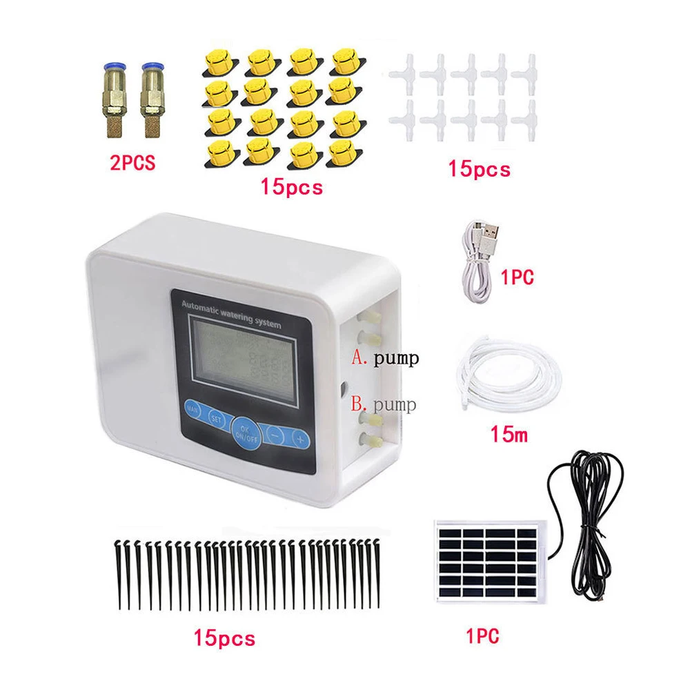 Dual Pump Smart Drip System Timer Garden Automatic Solar Energy Charging Watering System for Potted Plant Flowers 