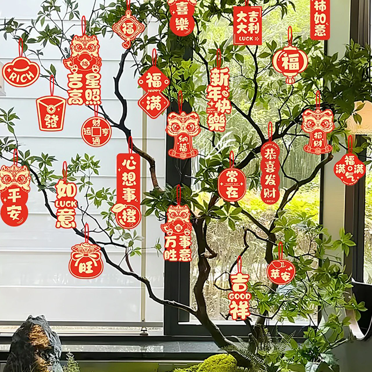 22/36/40pcs New Year Greeting Cards Blessing Plant Bonsai Pendant Gift Card Red Hanging Tags Spring Festival Home Party Decor
