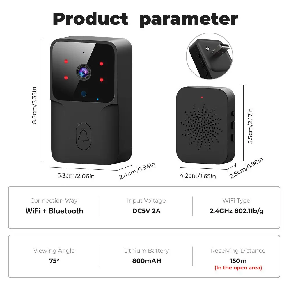 Wireless Doorbell ONENUO WiFi Tuya DC AC Battery Powered Camera with Alexa Google