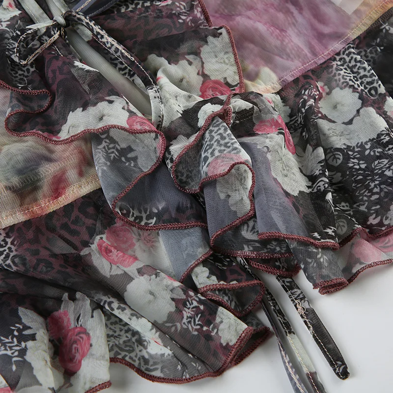 Blusa de manga larga acampanada con volantes y estampado floral para mujer, estilo grunge de los años 2000, ropa urbana Y2K