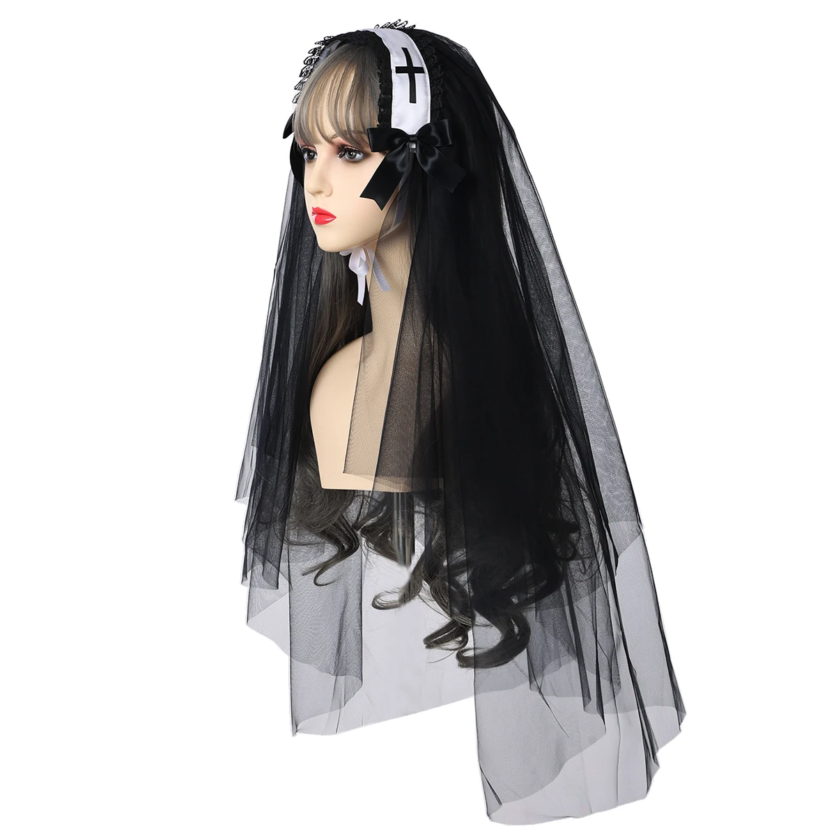 Halloween Nun Cosplay Headpiece Costume Accessories Cross Necklace Carnival Party Role Play Headscarf