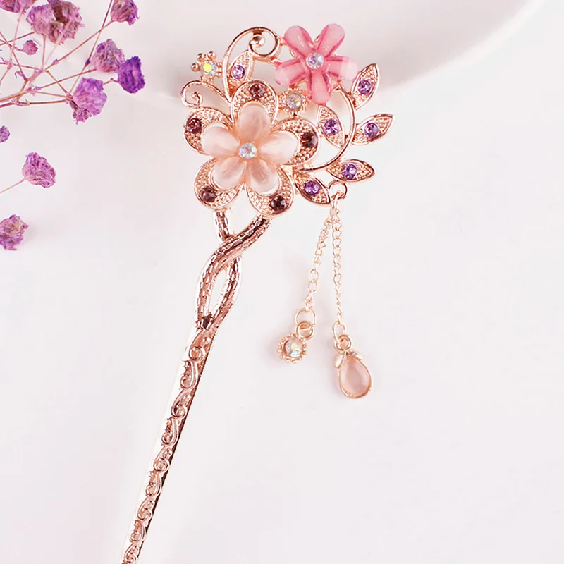 Chinese Style Tassel Hair Clip Hair Stick Women Metal Flower Rhinestone Chopsticks Hairpin Charm Jewelry Accessories