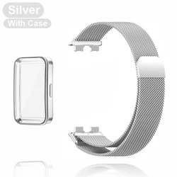 Magnetic Milanese Loop Metal Strap with Soft TPU Case & Screen Protector for Huawei Band 8 (SilverBand with Case)