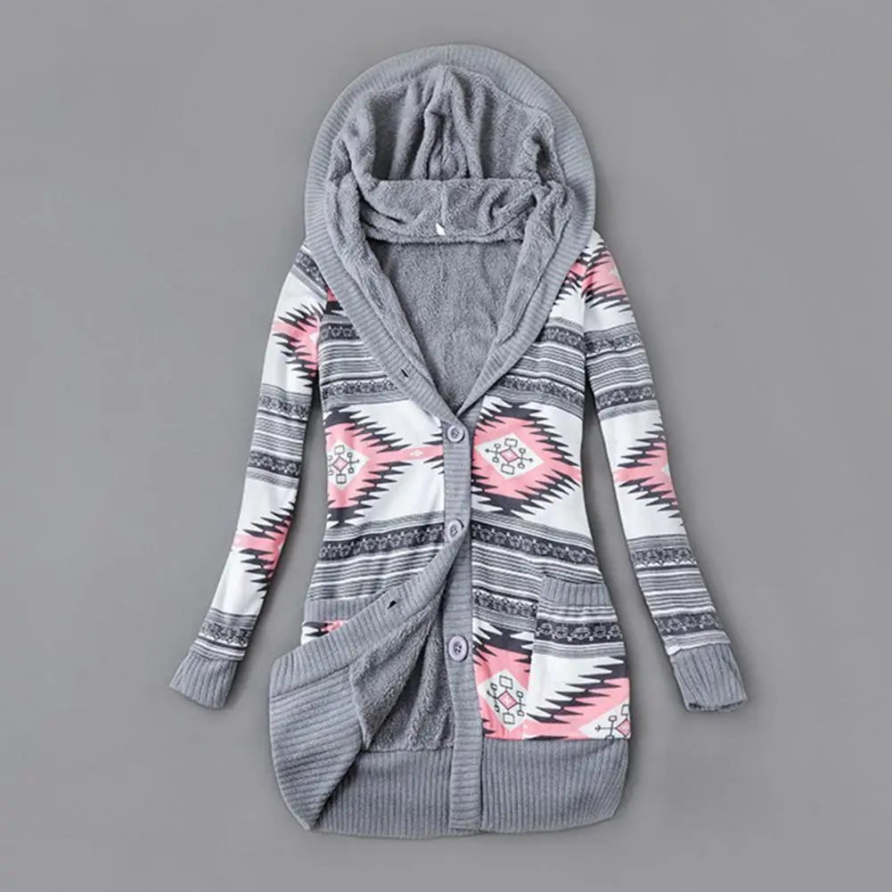 Fashion Women Cardigan Hooded Skin-friendly Sweater Cardigan Buttons Closure Hooded Plush Lining Sweater Cardigan