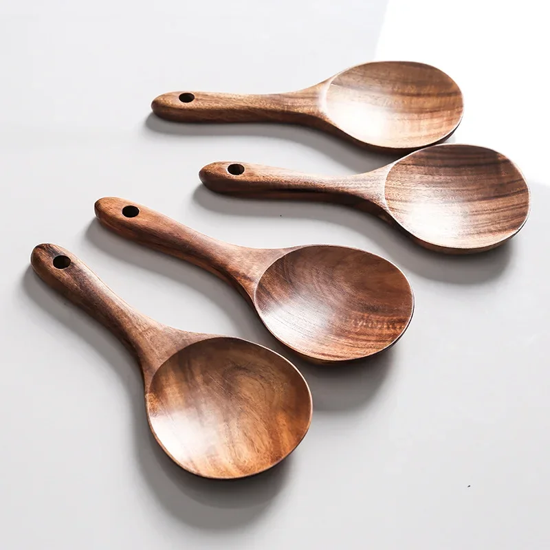 Teak Natural Wood Tableware Spoon Handled Wooden Rice Wooden Ladle Kitchen Tool Cooking Spoon Tablespoon