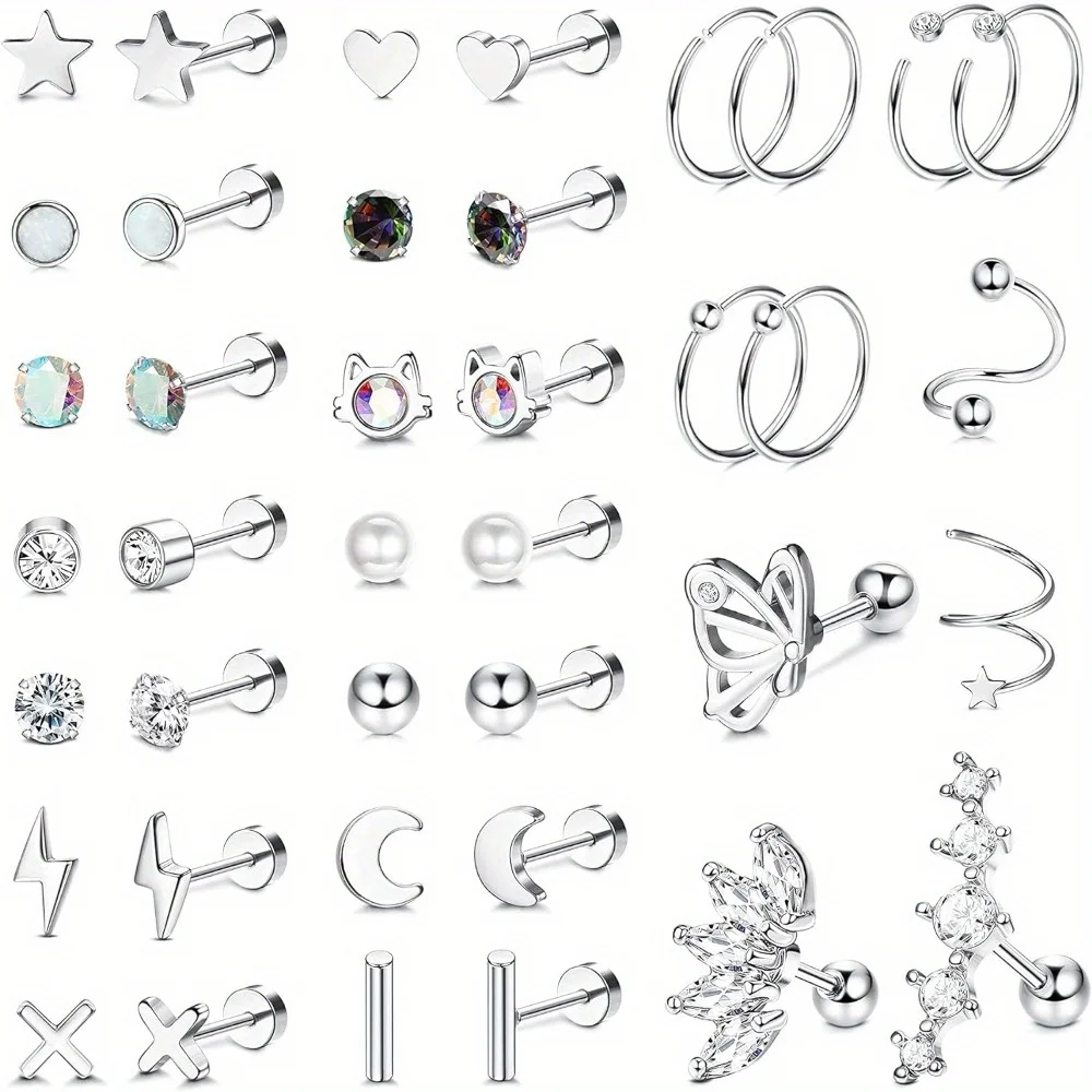 

Drperfect Stainless Steel 20G Earrings for Women CZ Opal Butterfly Stud Earrings Tiny Screw Back Cartilage Hoop Piercing Jewelry