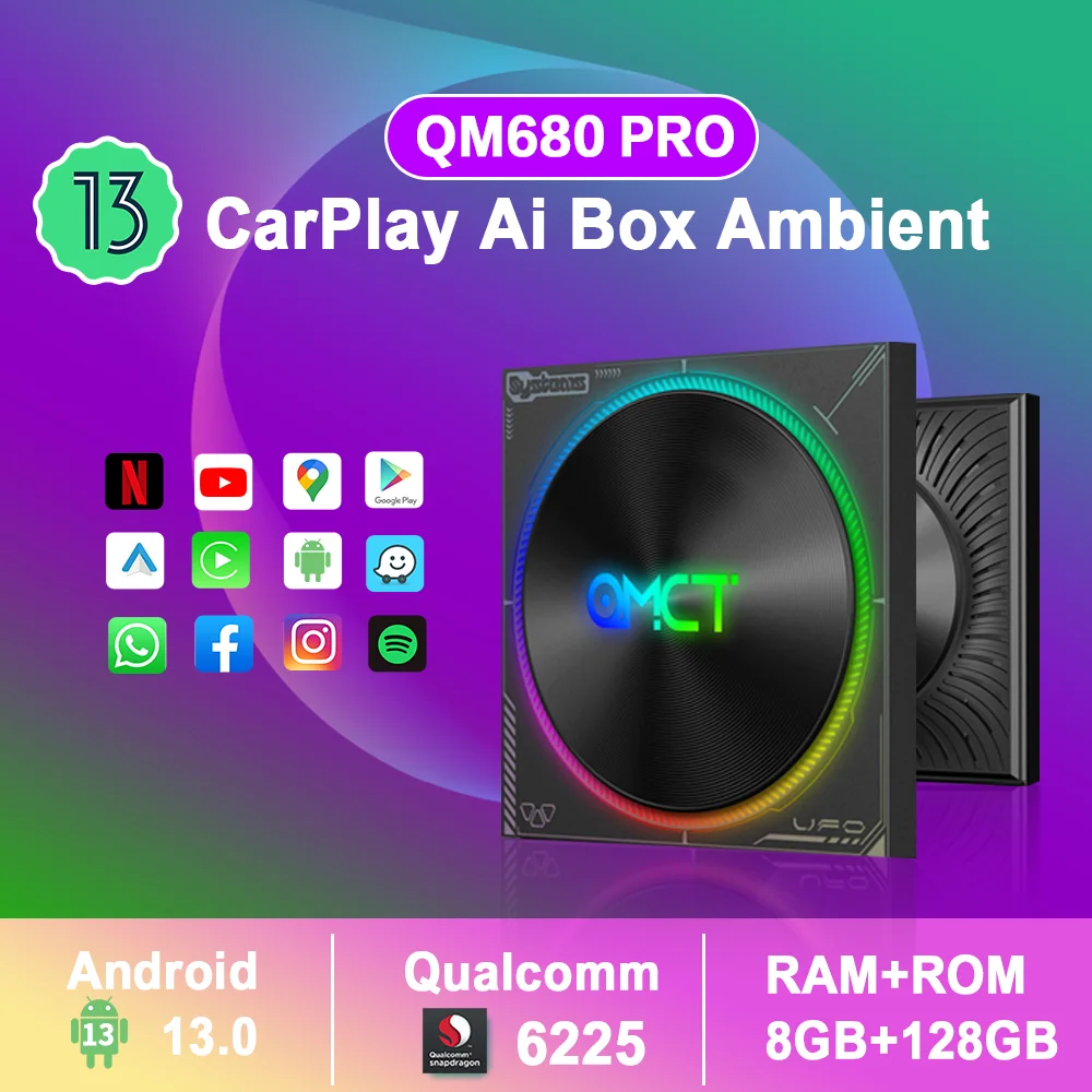 

2024 CarPlay Ai Box рассеянный светодиодный Android 13 беспроводной Android Авто SMD6225 8G + 128 ГБ для Youtube Netflix для оригинального автомобиля имеет AA/CP