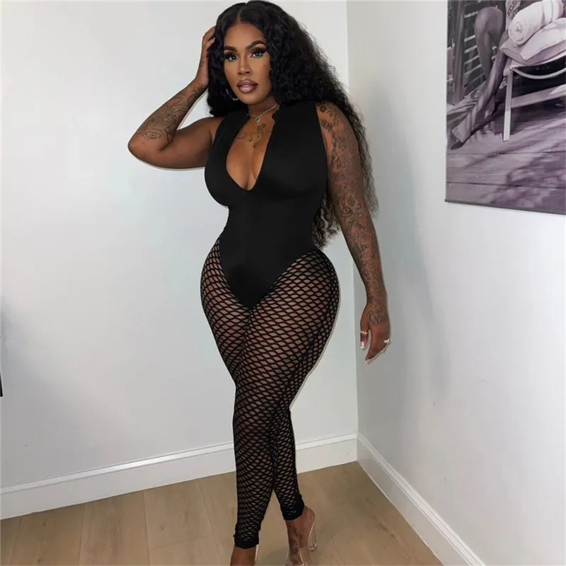 

Women Fishnet Hollow Out See Through Sexy Rompers Jumpsuit Sleeveless Night Club Party Bodycon One Piece Overalls 2023