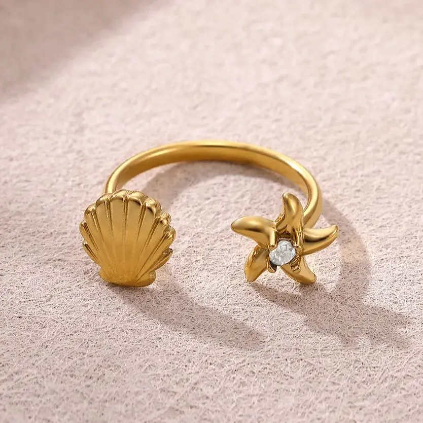 Zircon Shell Starfish Rings for Women Gold Color Stainless Steel