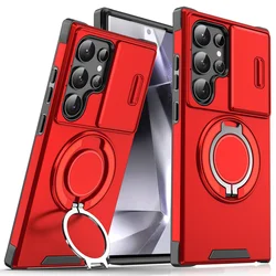 Magnetic Slide Lens Protection Case with Phone Ring Stand Holder Cover - Galaxy S21 (Red)