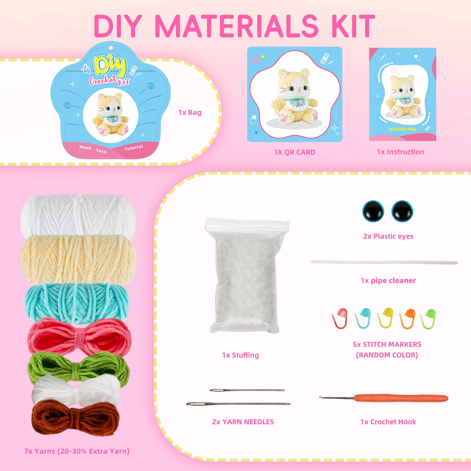 수제 고양이 아미구루미 인형 셔닐 원사 크로셰 키트 (초보자용 DIY 공예 키트, 패턴 포함) 귀여운 동물 생일 선물
