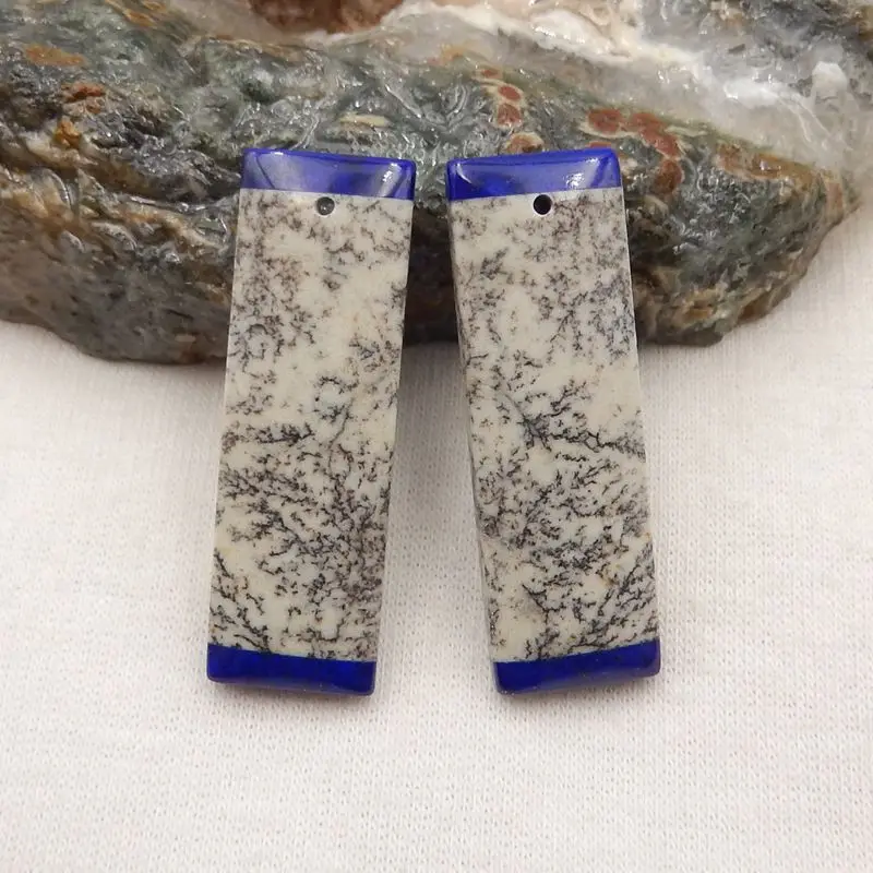 Natural Stone Sapling Jasper And Lapis Lazuli Intarsia Earrings Accessories For Women DIY Jewelry Making 35x11x5mm 9g