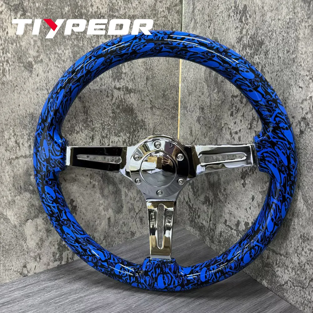 

Solid Wood Blue Skull Support Steering Wheel Car Modification 350mm General Racing Interior Steering Wheel with Horn button