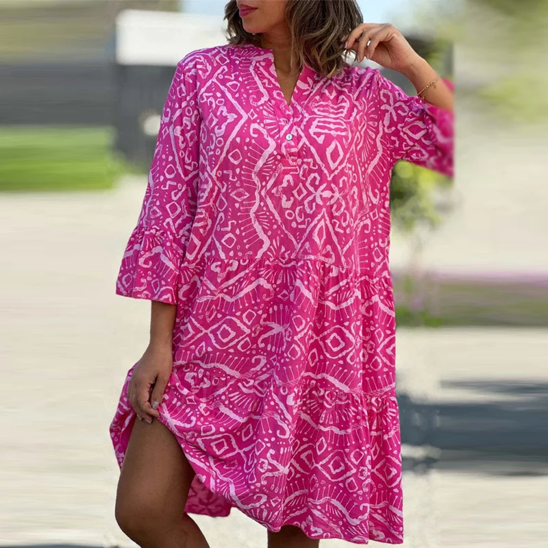 

Sexy V-neck Button 3/4 Sleeve Party Dress Women Fashion Pattern Print Pleated Mini Dress Spring Autumn Casual Loose A-Line Dress