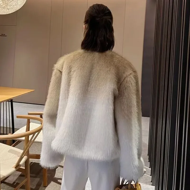 Korean Style Temperament Women Imitation Fur Coat Fashion Gradient Color O-neck Short Outwear Winter Female Faux Fox Fur Jacket