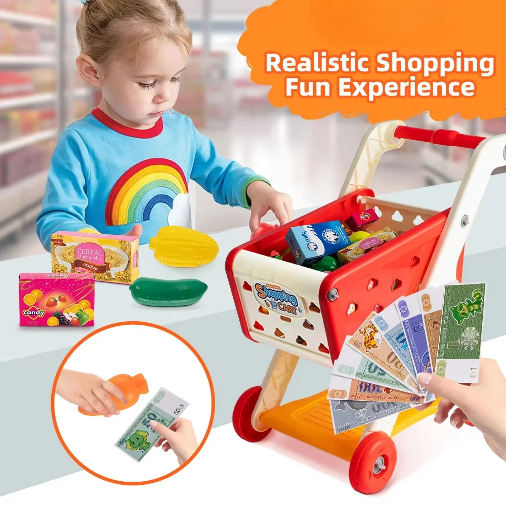 WizKidz Kids Shopping Cart Toy Grocery Trolley With Pretend Play Food Set Supermarket Playset Accessories For Toddlers Aged 3+ 4