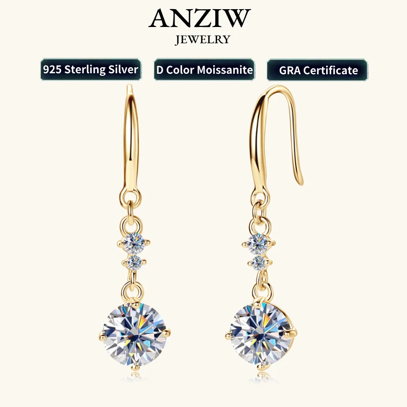 

2024 New Hook Earrings 925 Silver 1CT Moissanite Drop Dangle Earrings for Women Wedding Party Jewelry with GRA Certificate Gift