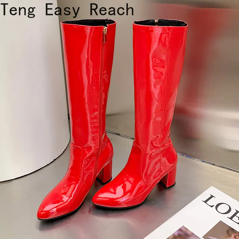 

Patent Leather Black Ladies Knee High Boots Comfortable Square High Heel Prong Ladies Calf Boots PU Leather Side Zipper Boots