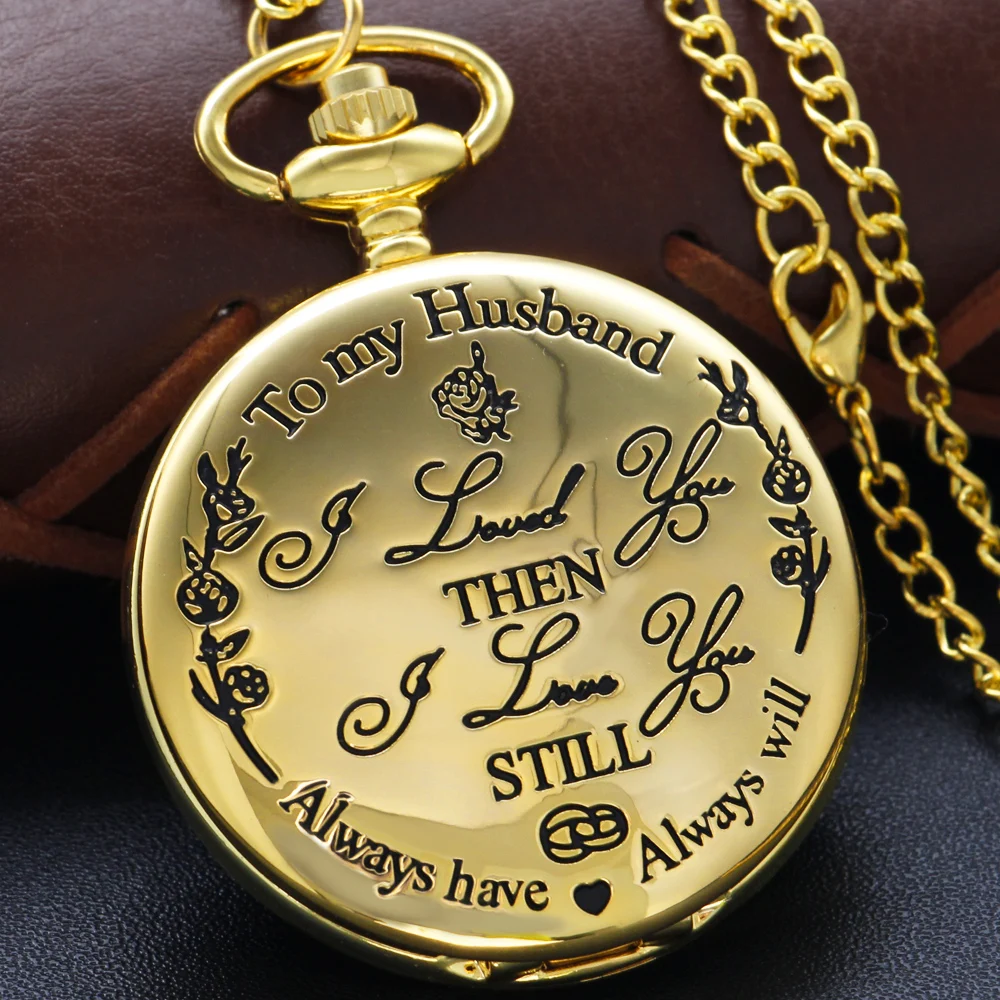 

Luxury Gold My Husband 3D Embossed Quartz Pocket Watch Necklace Pendant Fob Chain Vintage Steam Punk Pocket Watch Christmas Gift