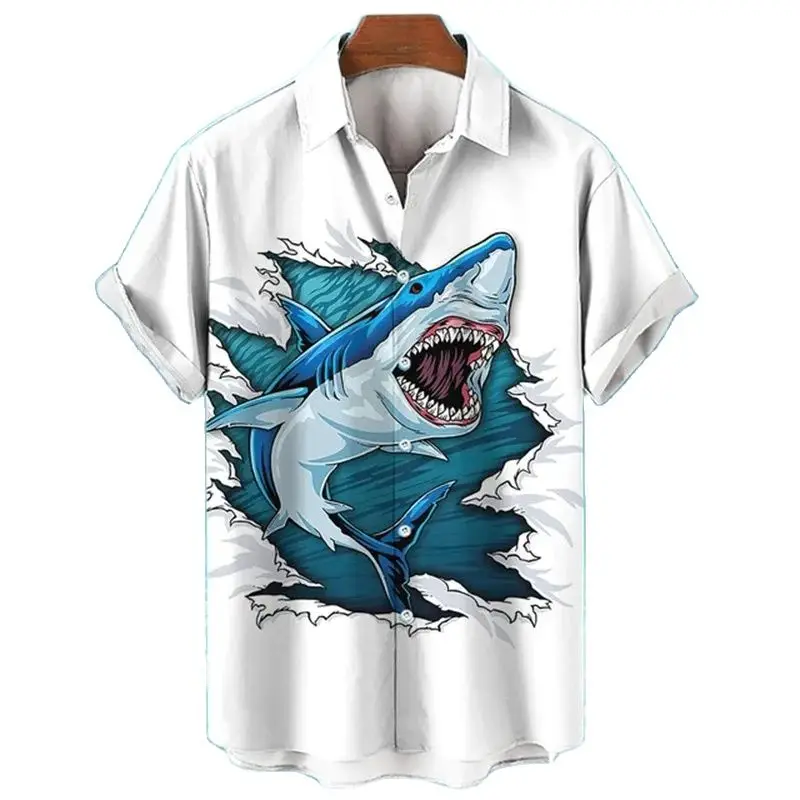 2023 Shark Summer Shark Shirt Casual fashion short sleeve 3d animal print street loose shirt for men
