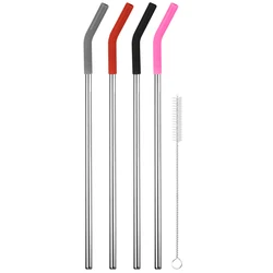 Set of 4 Reusable Stainless Steel Straws with Silicone Tips and Cleaning Brush (Multicolor 4PCS)
