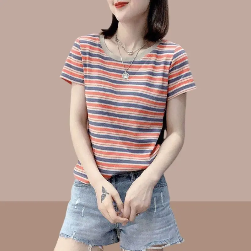 

Women's Clothing 2024 Summer New Style Short Sleeve Crew Neck Slim Fashionable Contrast Color Striped Casual All-match T-shirt