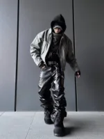 Mauroicardi Spring Autumn Cool Handsome Long Black Crocodile Print Pu Leather Pants for Men Luxury Designer Floor Length Clothes