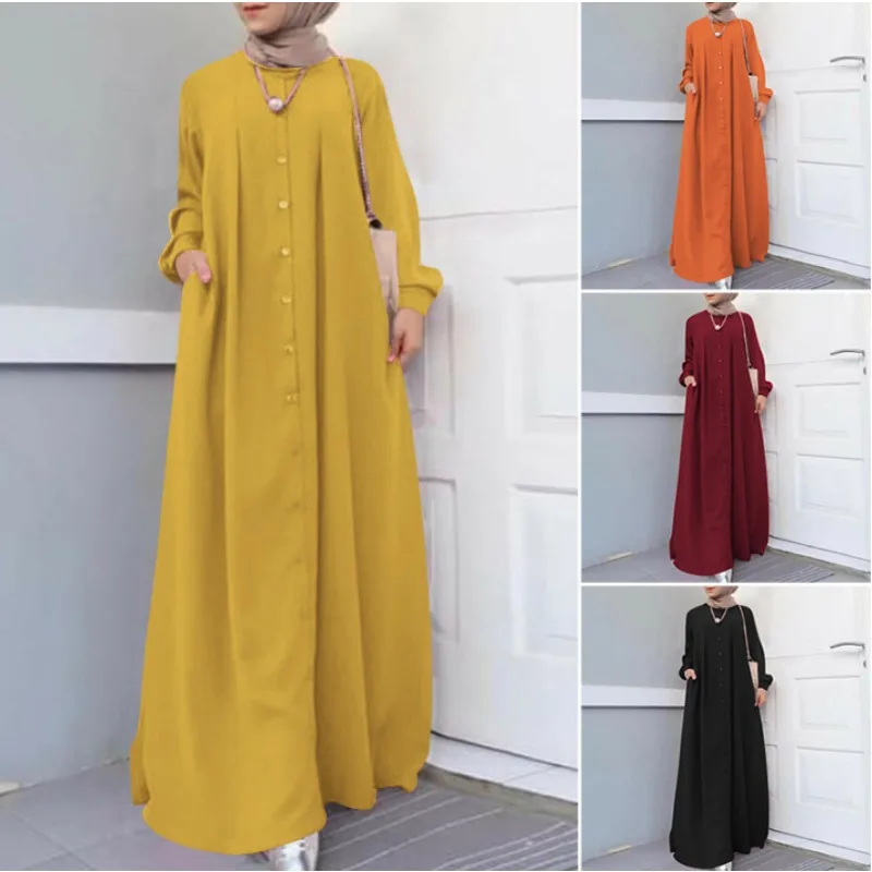 

Buttons Down Long Sleeve Tunic Maxi Shirt Dress Y2K INS Clothes Womens Muslim Abaya Dubai